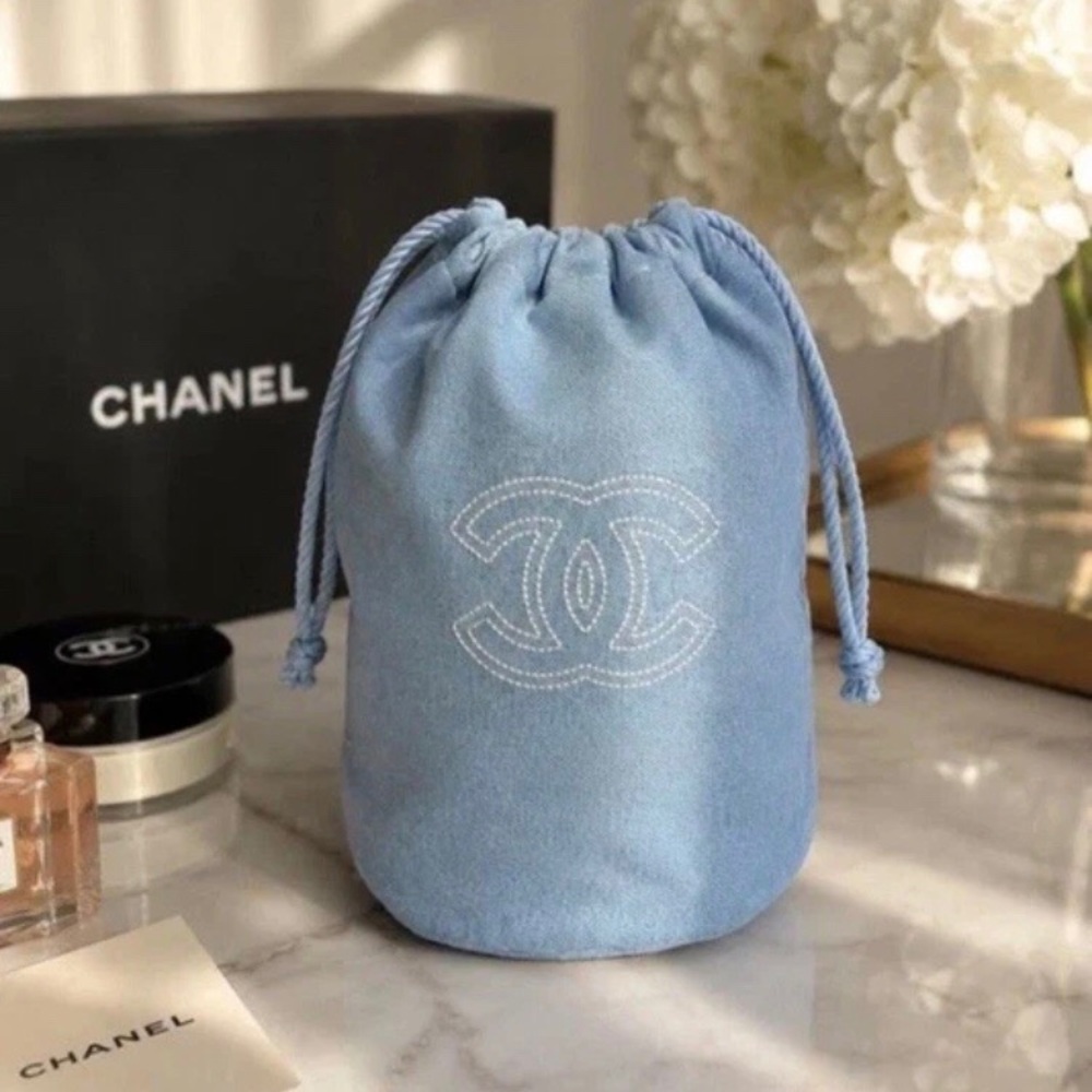 New Chanel Beauty GWP Light Blue Denim Drawstring Pouch Makeup Cosmetic Bag